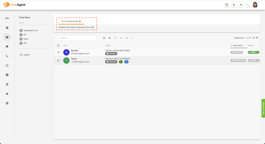 LiveAgent filtrerte billetter