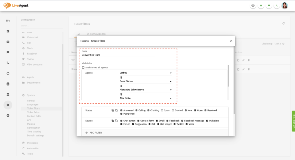 LiveAgent globalt filter