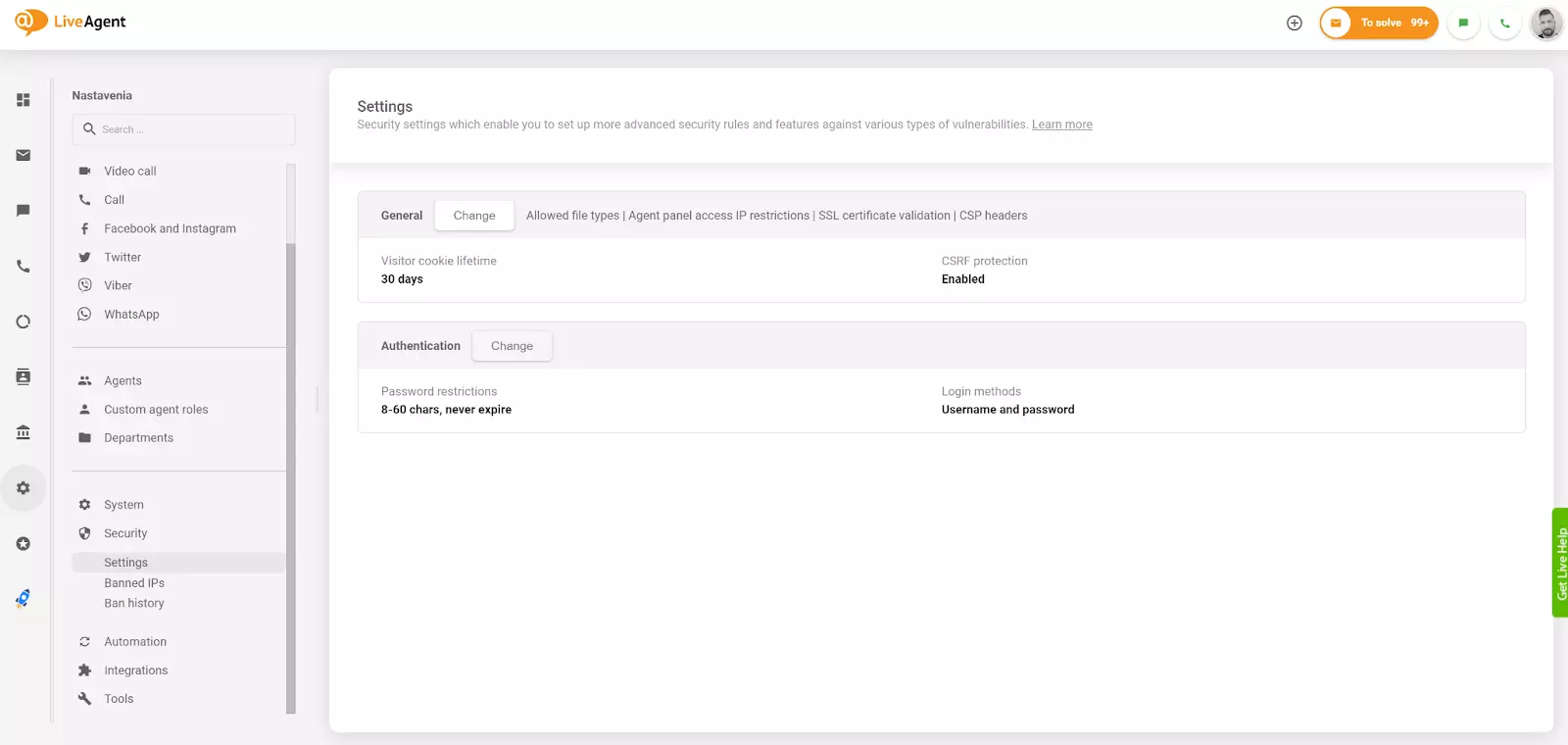 Endre autentiseringsinnstilling i LiveAgent