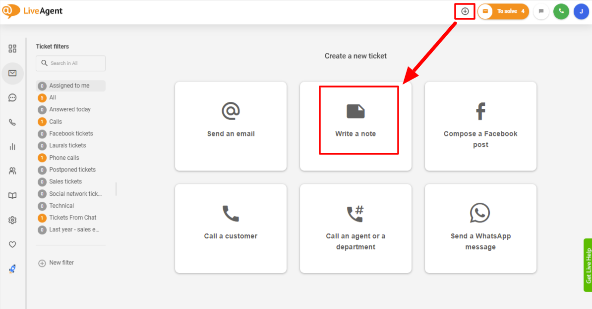 LiveAgent bruk interne notater til å opprette en billett