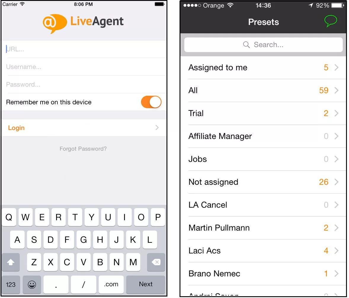LiveAgent iOS-applikasjonsgrensesnitt