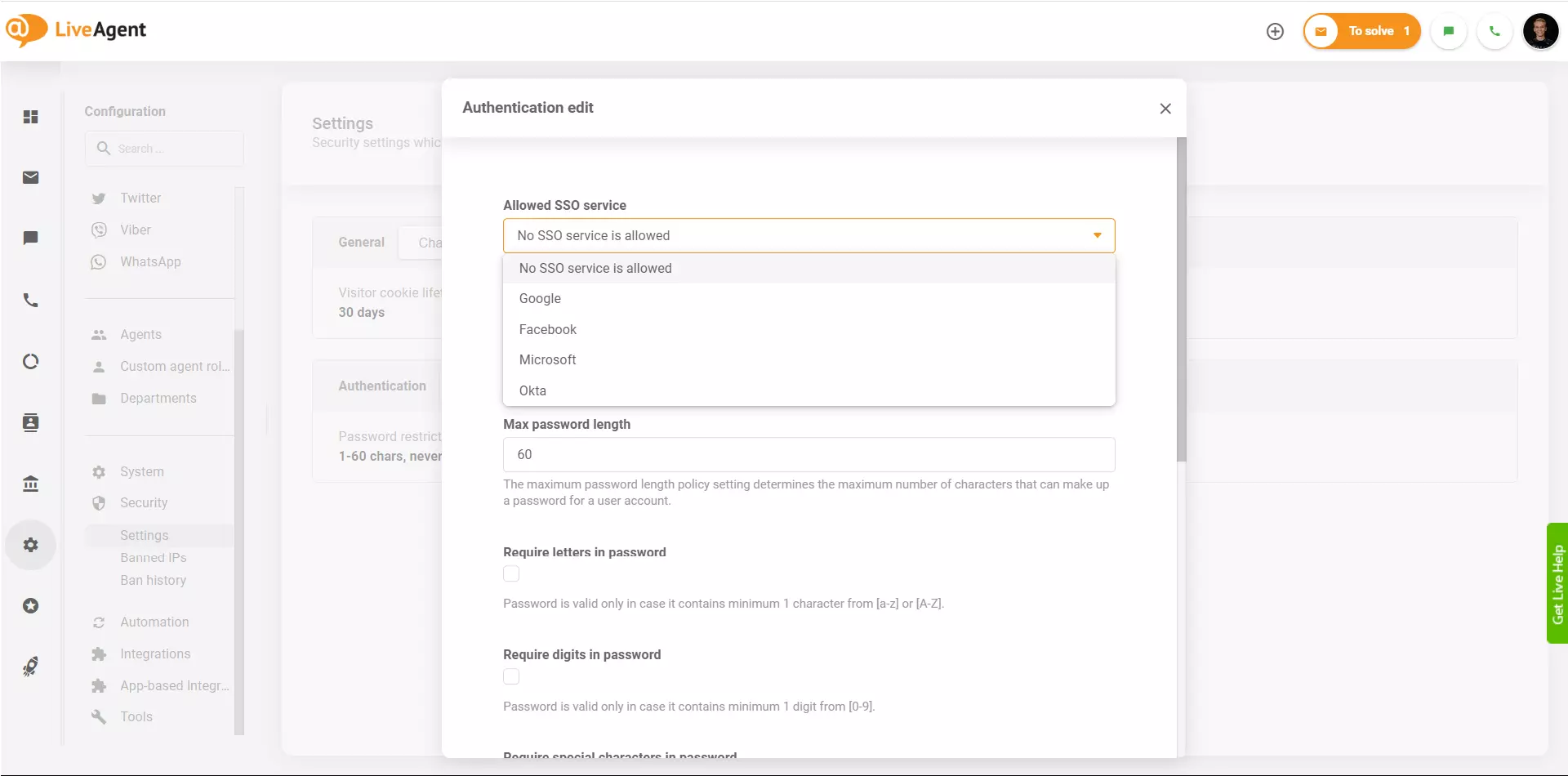 LiveAgent SSO-leverandører
