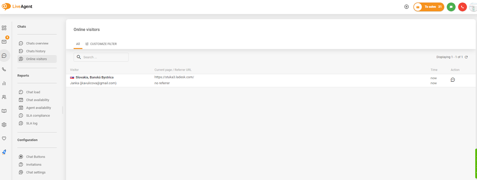 Skjermbilde av sporing av nettstedsbesøkende i LiveAgent