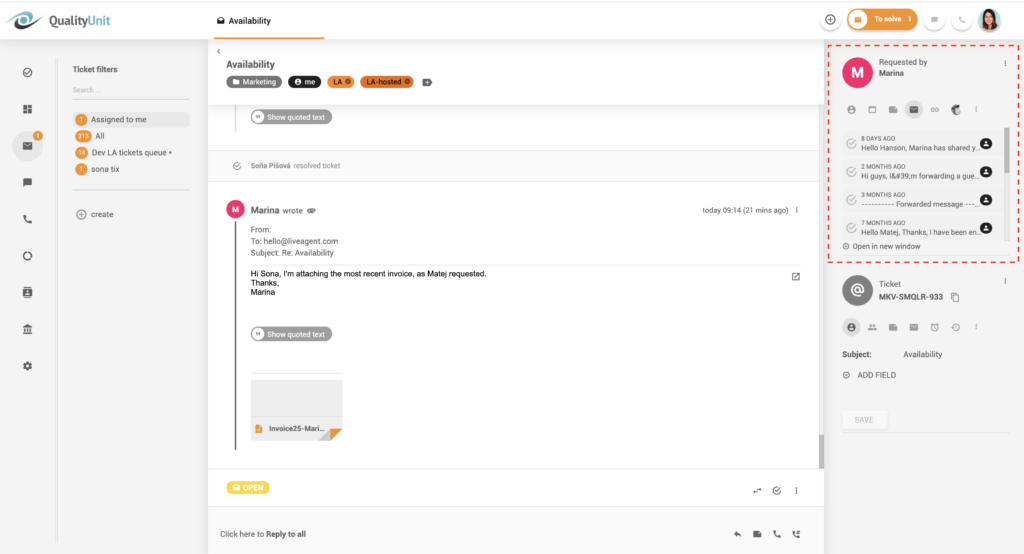 Communication history in threads - LiveAgent
