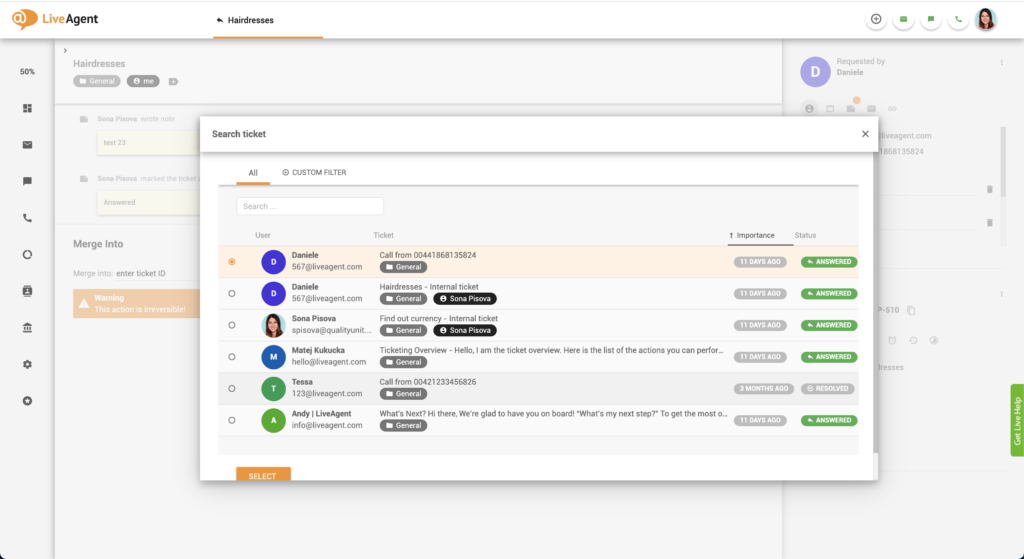 Velg billett å slå sammen