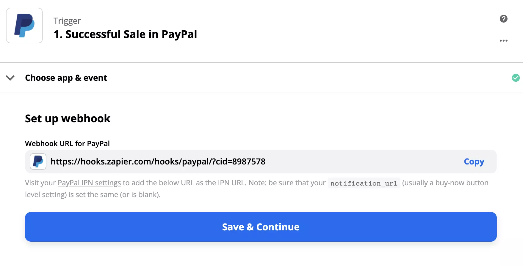 PayPal trigger konfigurering med webhook oppsett