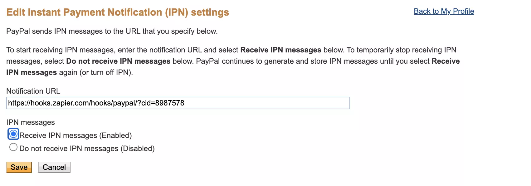 Instant Payment Notification innstillingsseksjon i PayPal