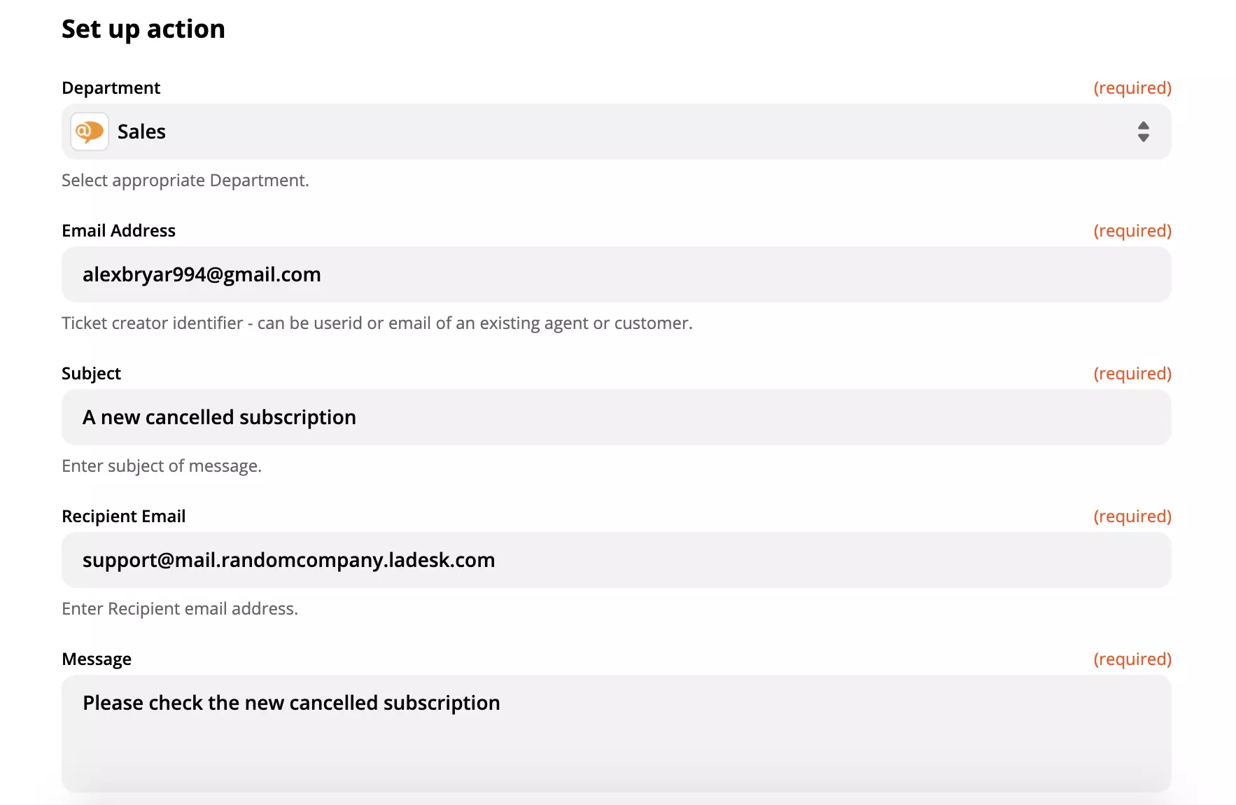 Et eksempel på oppsett av en LiveAgent-action
