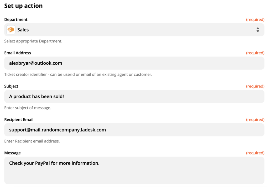 Et oppsett av LiveAgent action Create new conversation