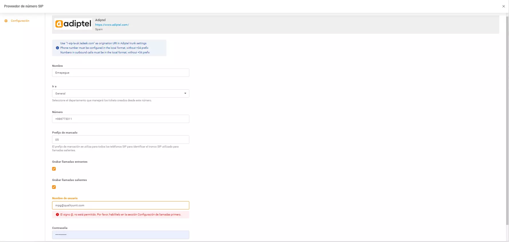 Adiptel-legitimasjonsopplysninger