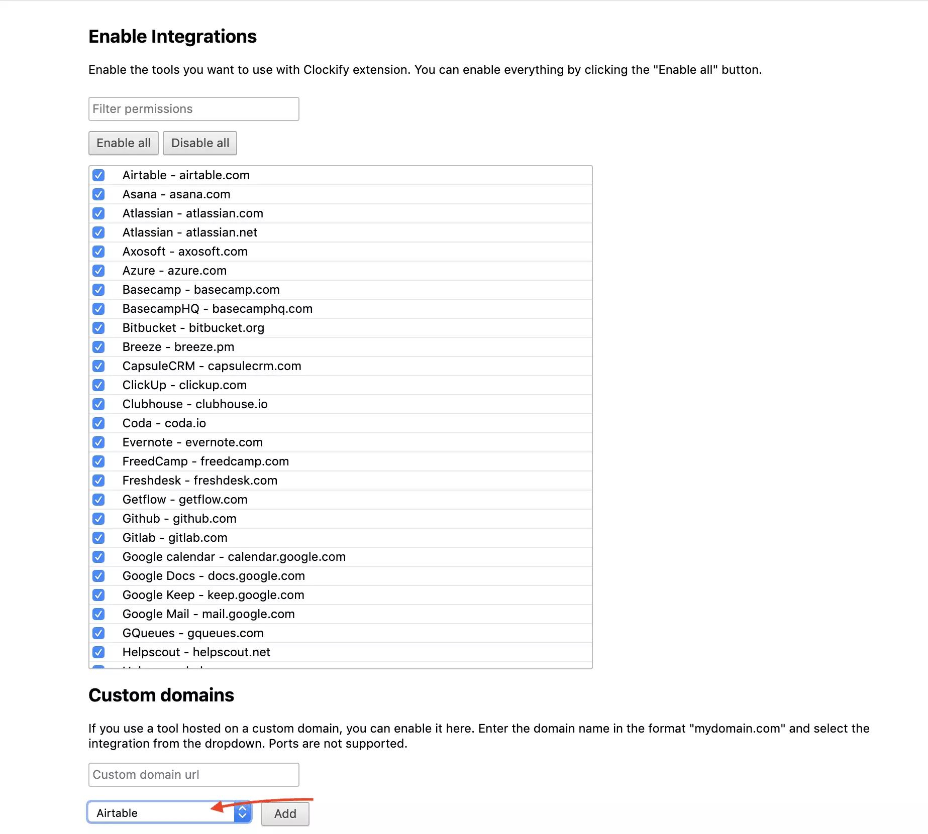 Clockify-integrasjonsvalg