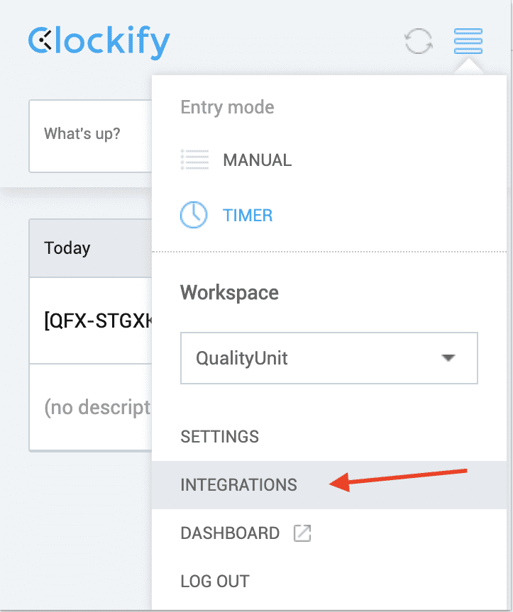 Clockify-integrasjonsmeny