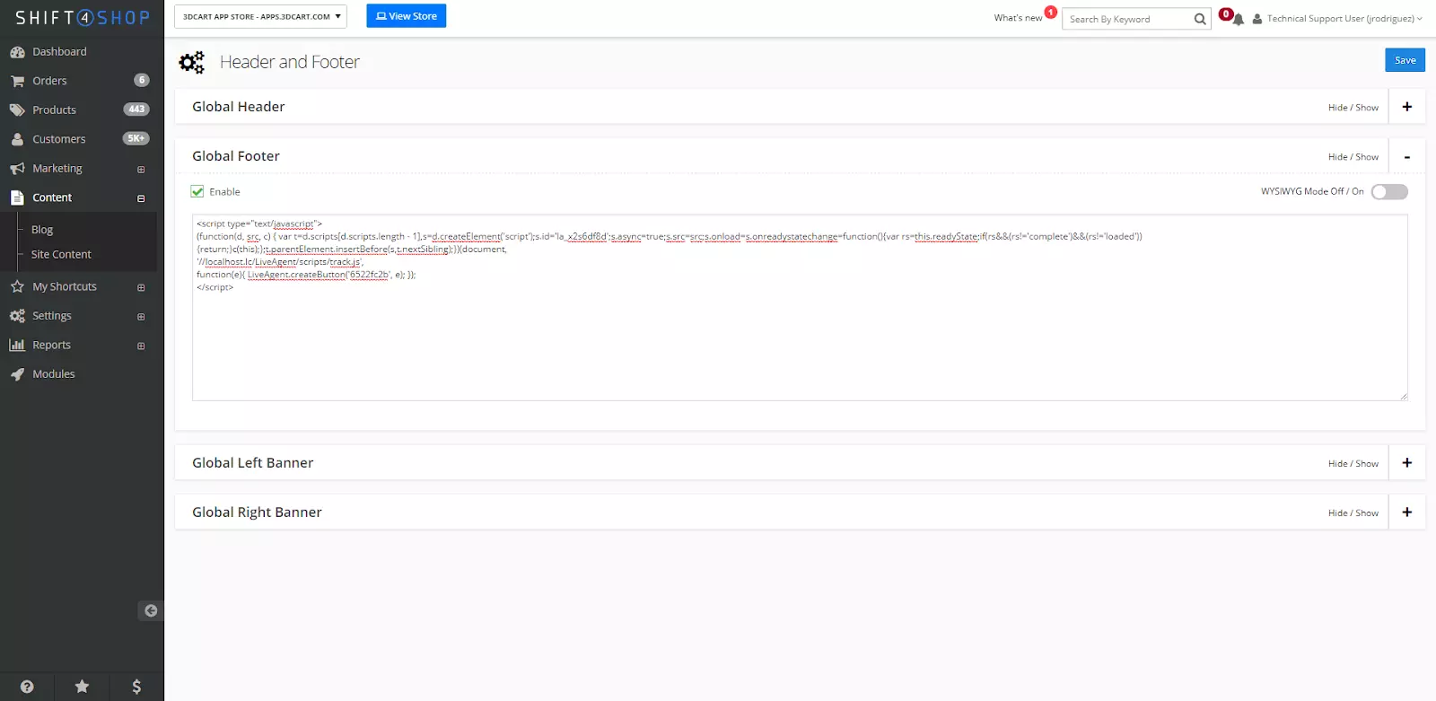 Shift4Shop-innstillinger med kode-tilpasningsalternativ