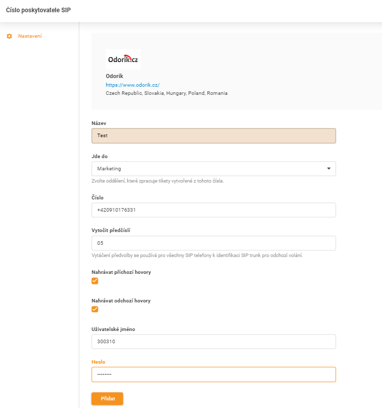 Odorik.cz-legitimasjonsopplysninger