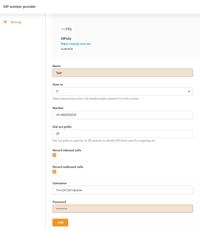 SIPcity-legitimasjonsopplysninger