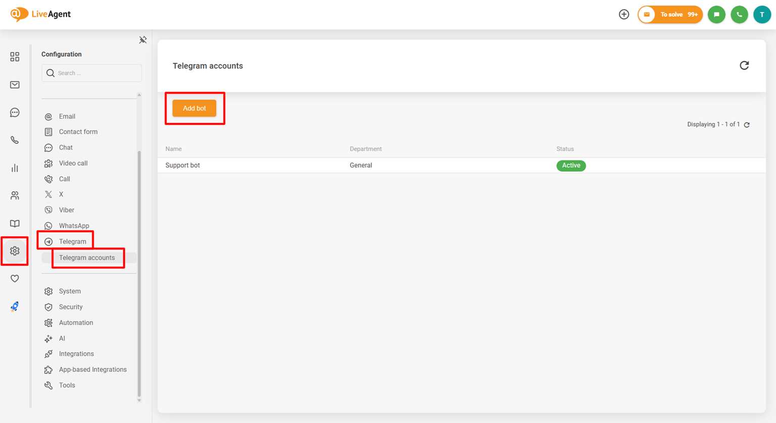 Skjermbilde av LiveAgent Telegram-integrasjonskonfigurasjonspanel som viser Add bot-knappen
