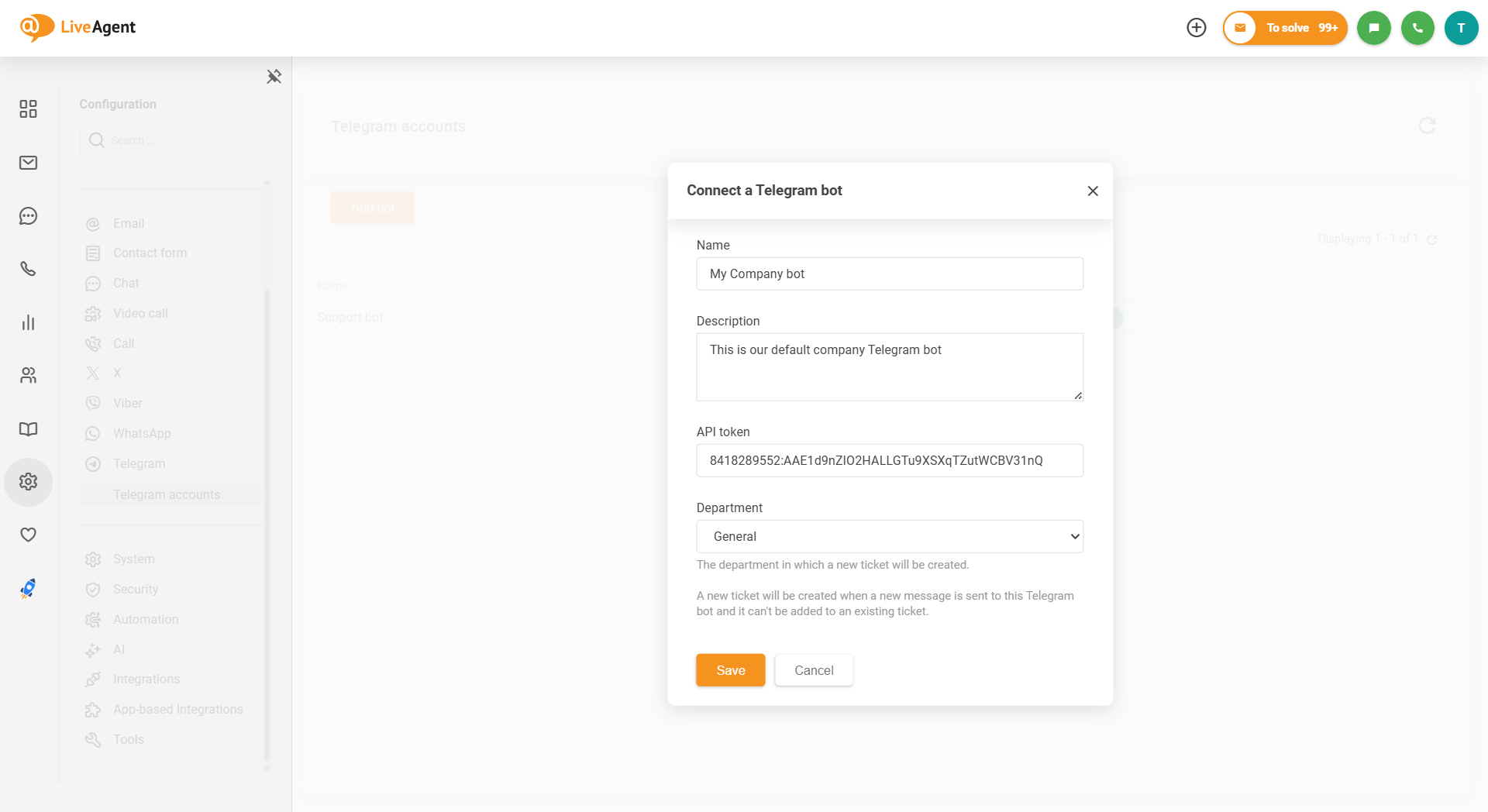 Skjermbilde av LiveAgent Telegram-integrasjon hvordan koble til bot