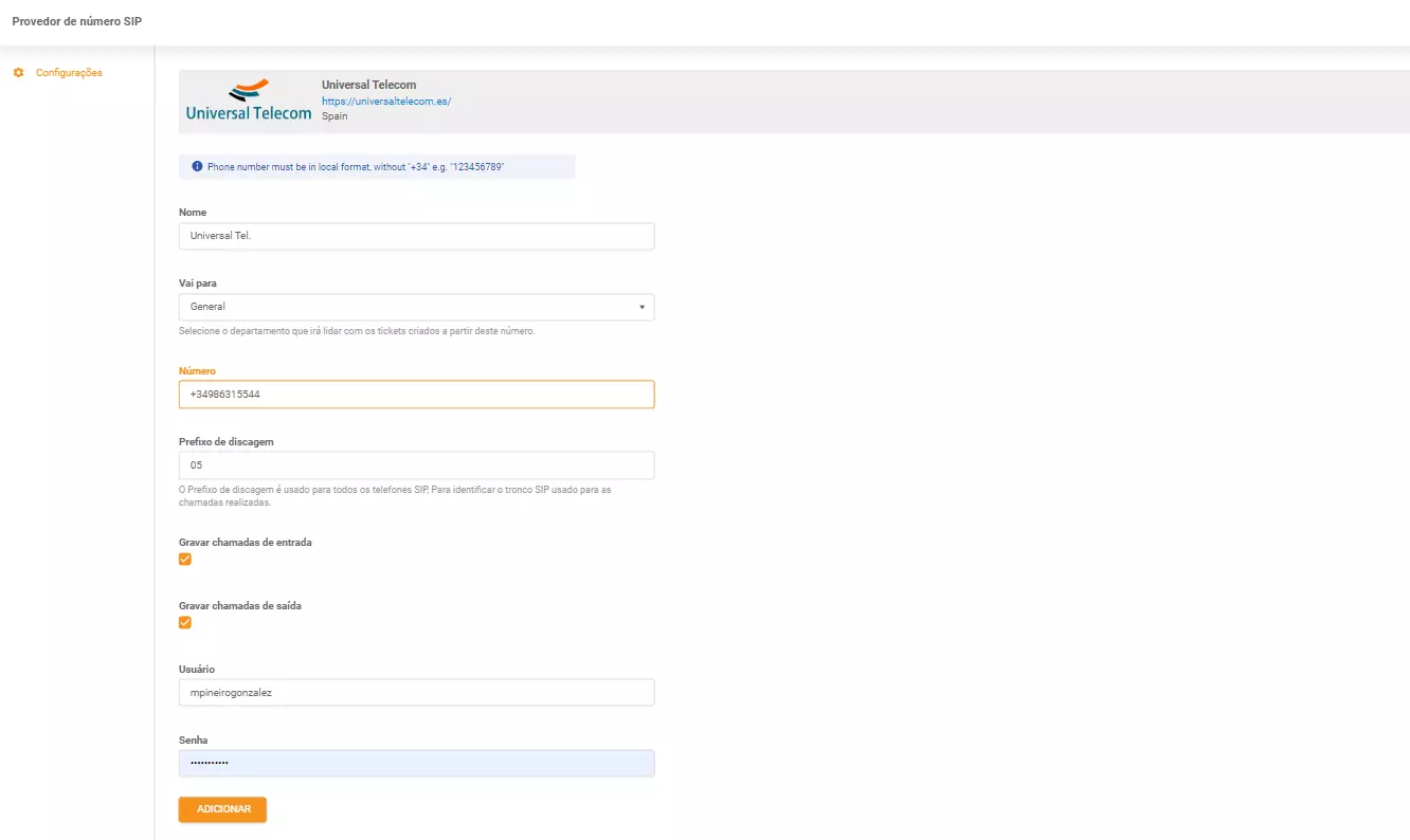 Universal Telecom-legitimasjonsopplysninger