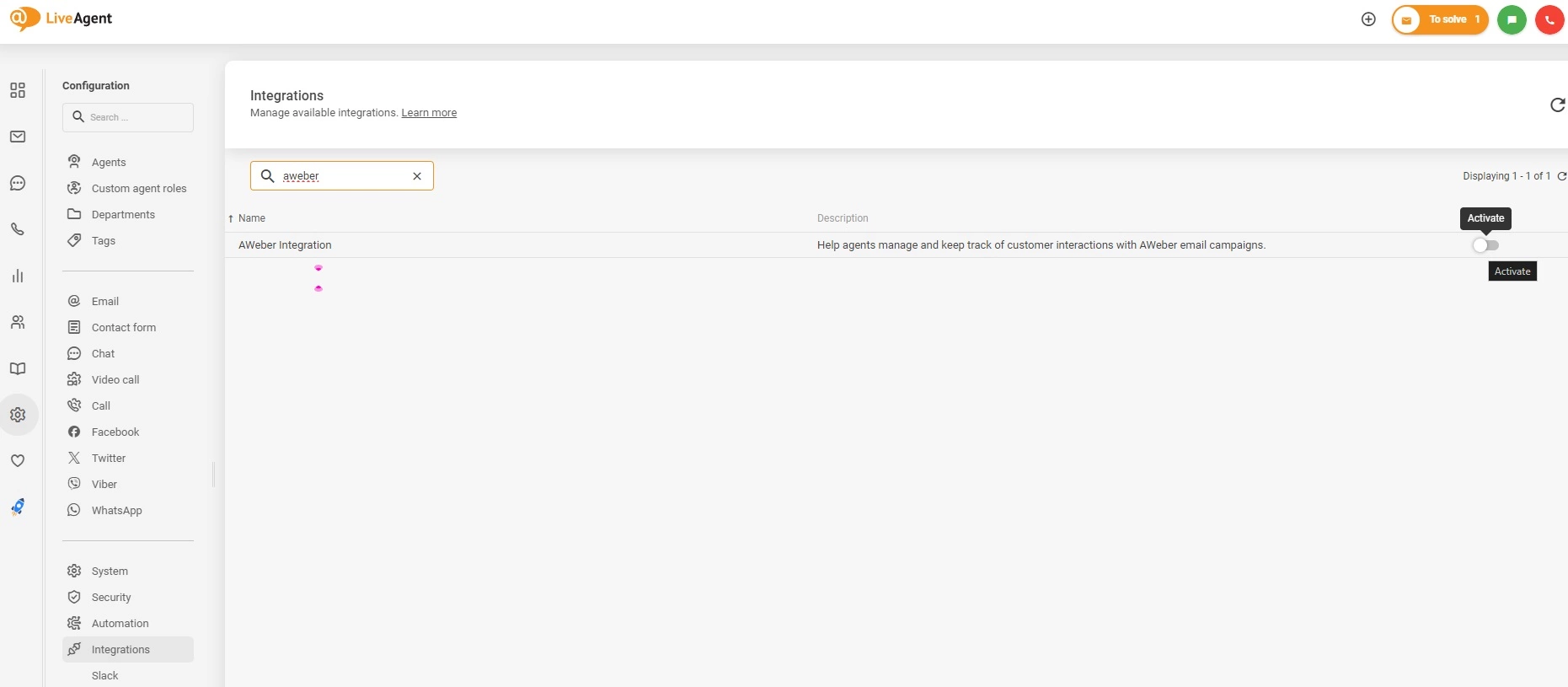 Aktiver AWeber-integrasjon i LiveAgent