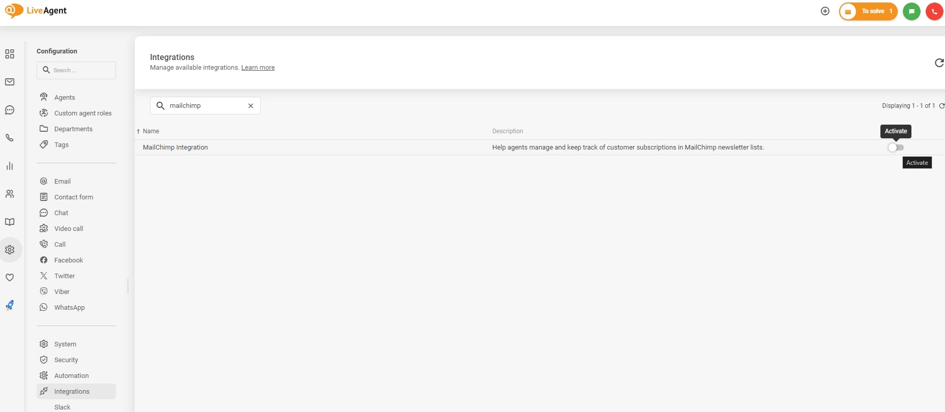 Aktiver Mailchimp-integrasjon i LiveAgent