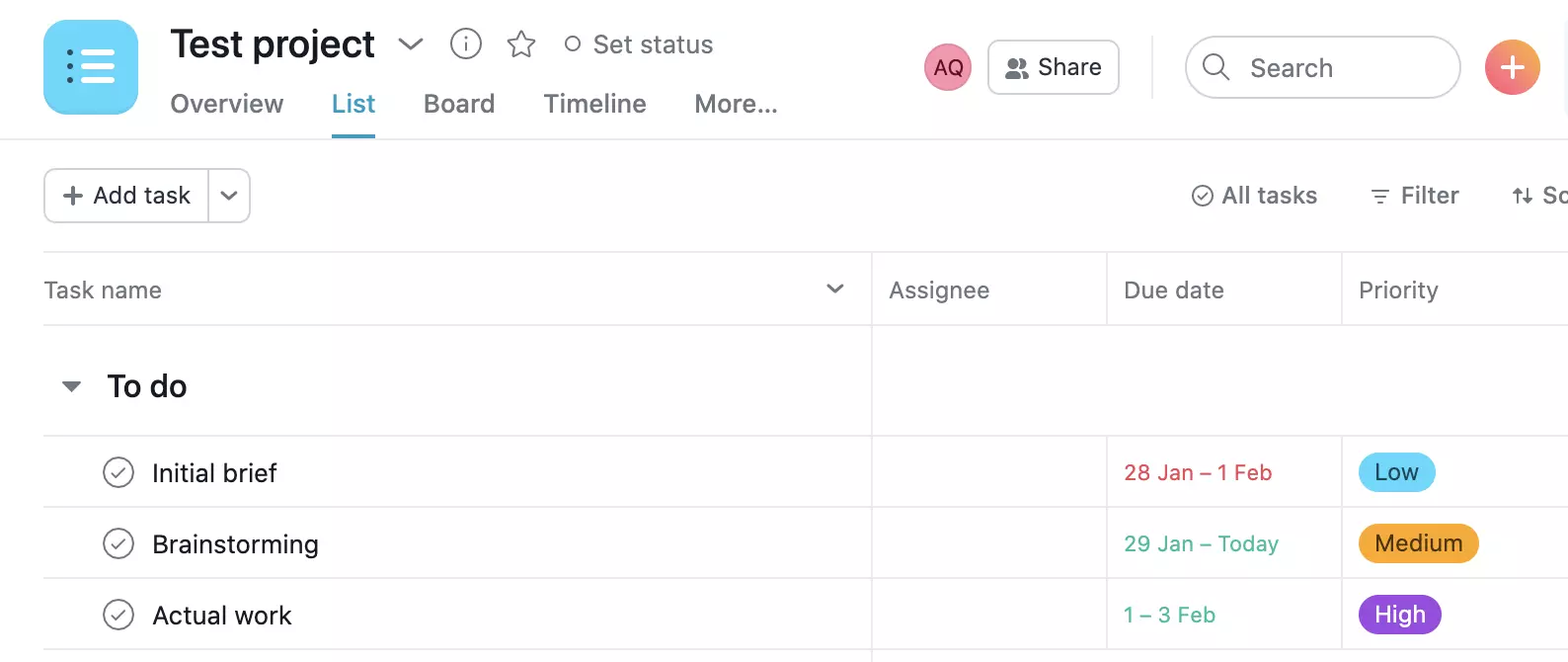 Asana-prosjekteksempel