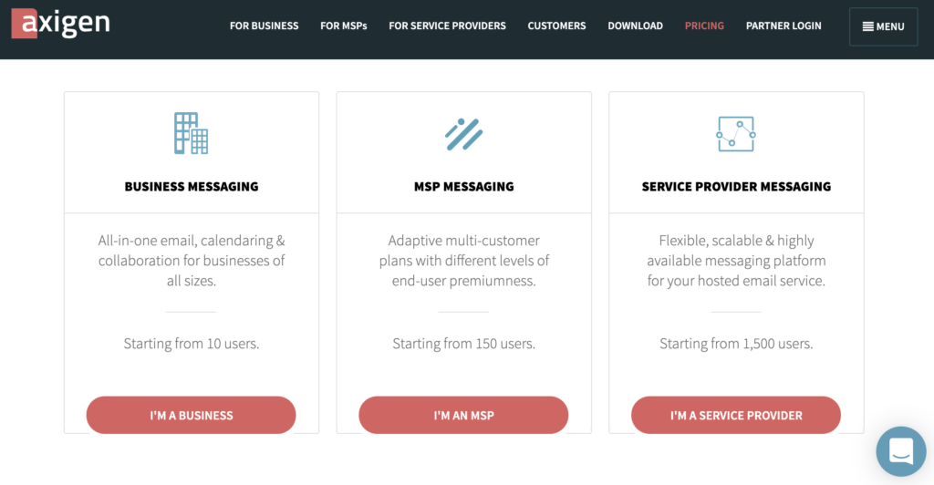 Axigen-nettsted med prisplaner