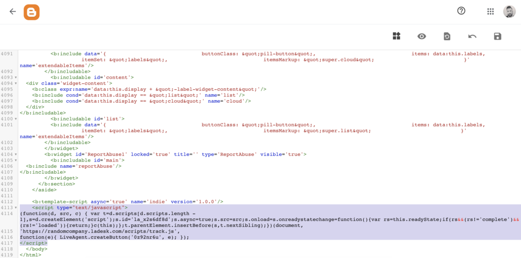 Blogger-kode med chat-knappkode satt inn
