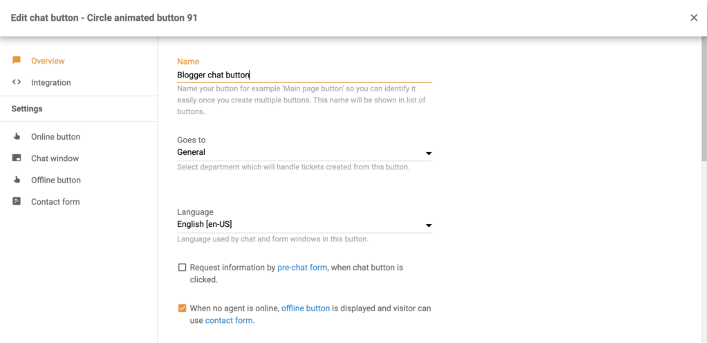 LiveAgent chat-knappkonfigurasjonen med flere alternativer