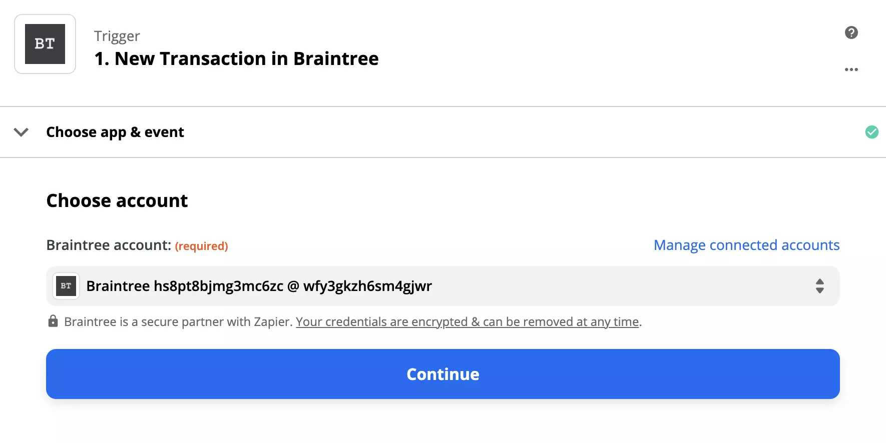 Braintree trigger-konfigurasjon på Zapier
