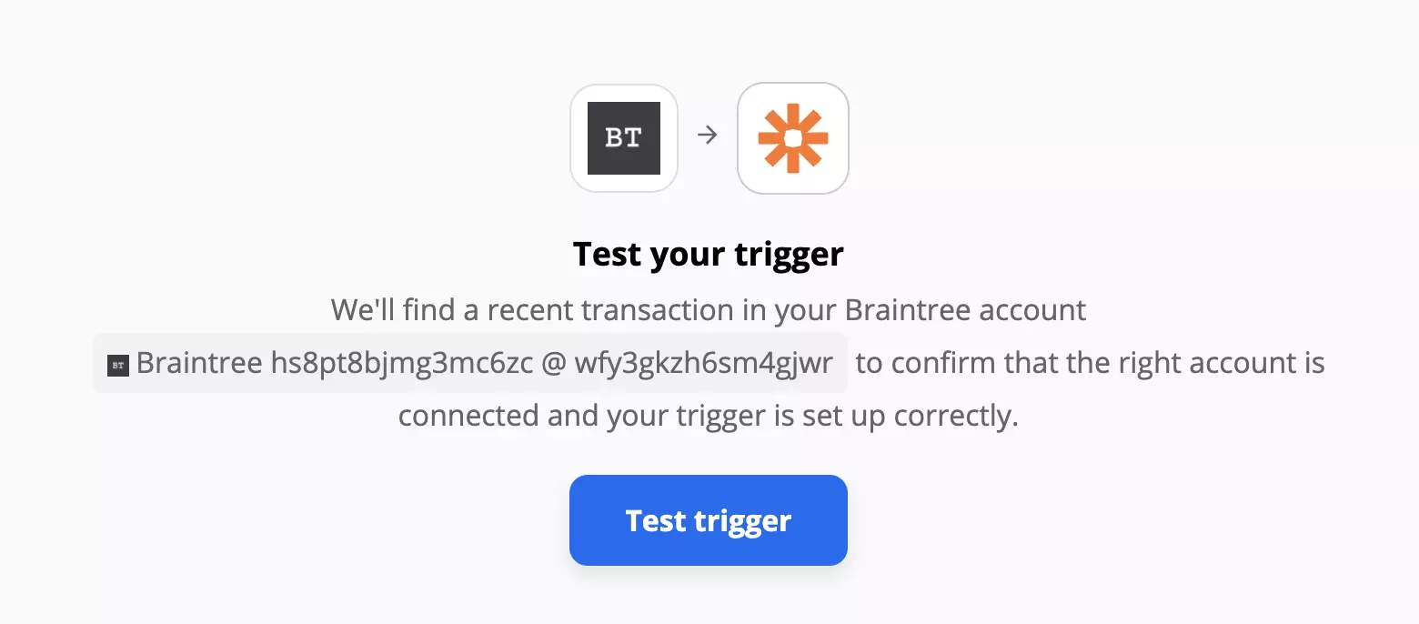 Braintree trigger-test på Zapier