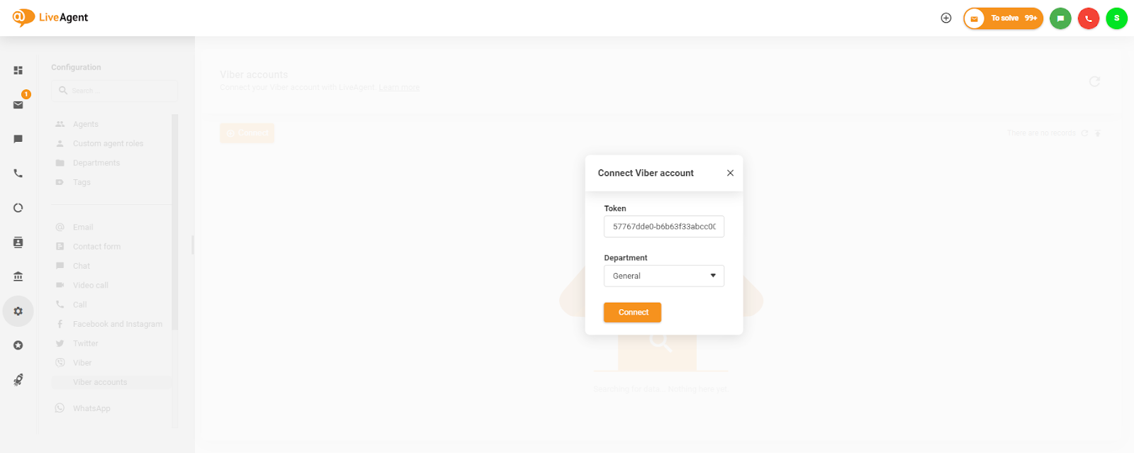 Plassere token i Koble til Viber-konto-vinduet