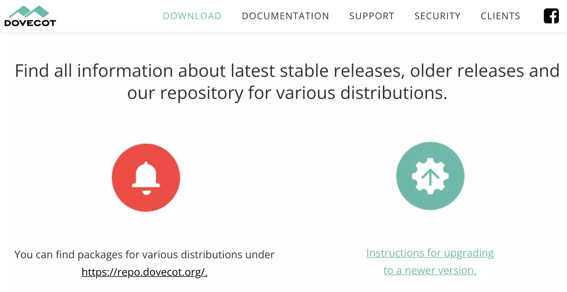 Dovecot-nettsted med tilgjengelige nedlastinger av den nyeste versjonen