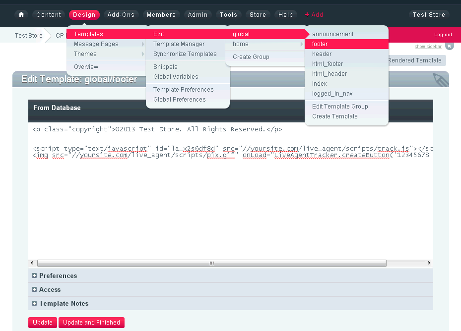 ExpressionEngine-nettstedskode med LiveAgent chat-knappkoden