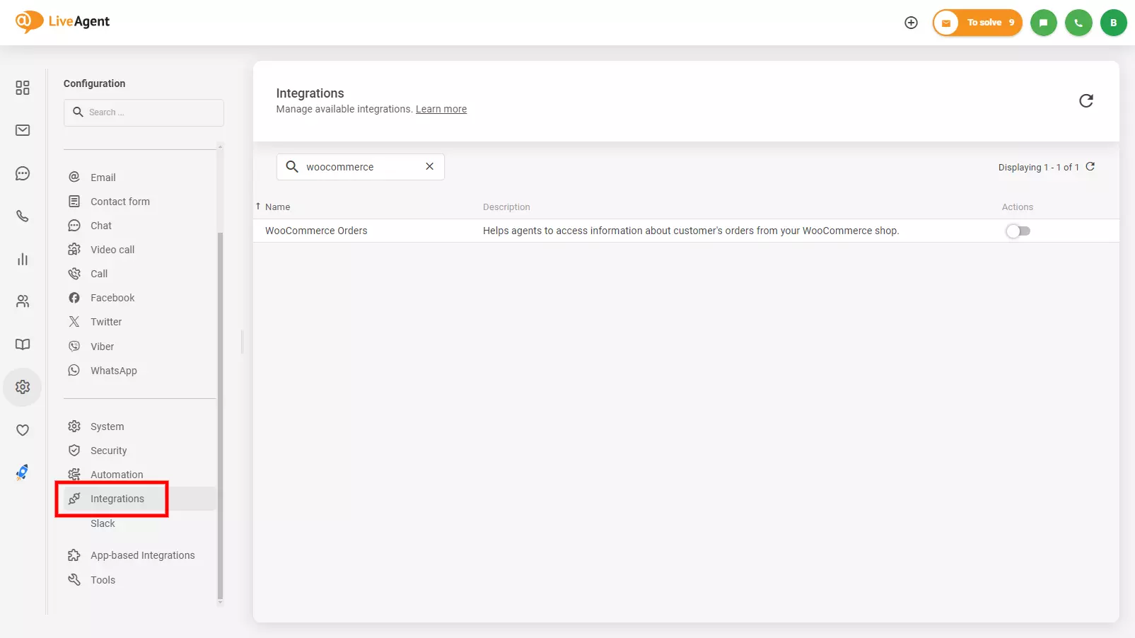 Bilde som viser hvor du finner Woocommerce-integrasjon i LiveAgent