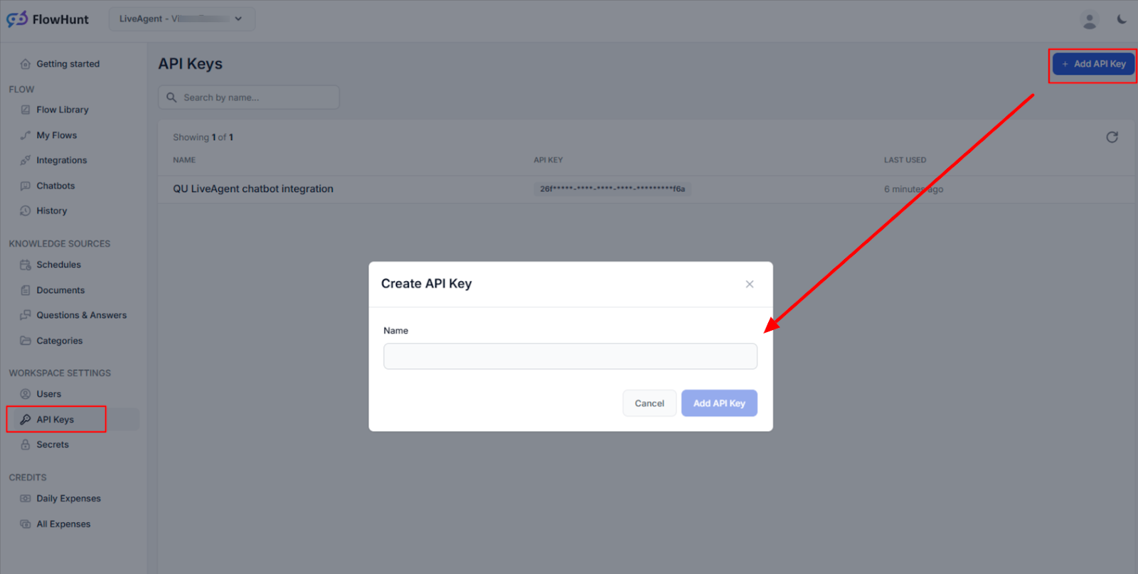 Opprett en API-nøkkel for integrasjonen av FlowHunt-arbeidsområdet med LiveAgent
