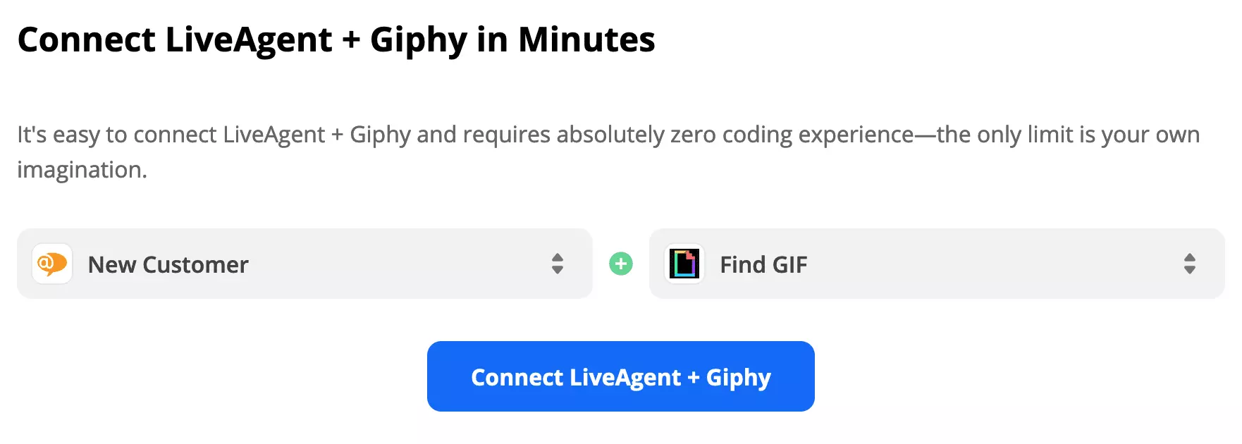 LiveAgent-utløser og Giphy-handling valgt på Zapier