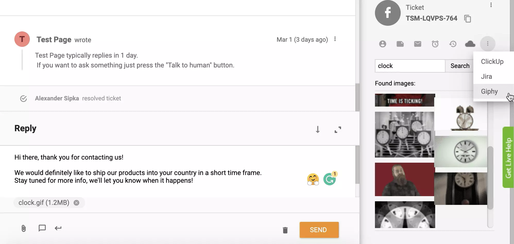 Giphy-integrasjon aktivert og fungerer i LiveAgent-billettbehandlingssystem