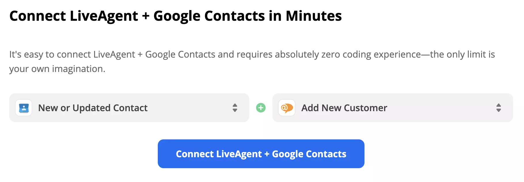 Google Kontakter-trigger New or Updated Contact og LiveAgent-handling Add New Customer
