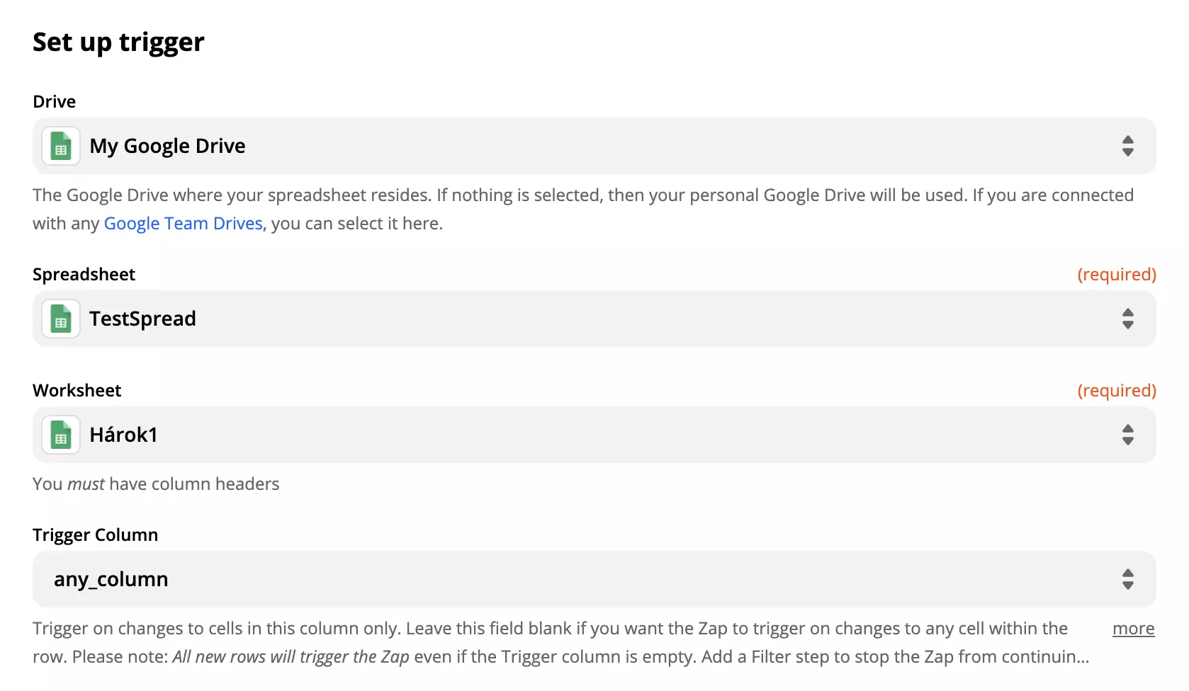 Google Sheets-utløseroppsettalternativer og felt