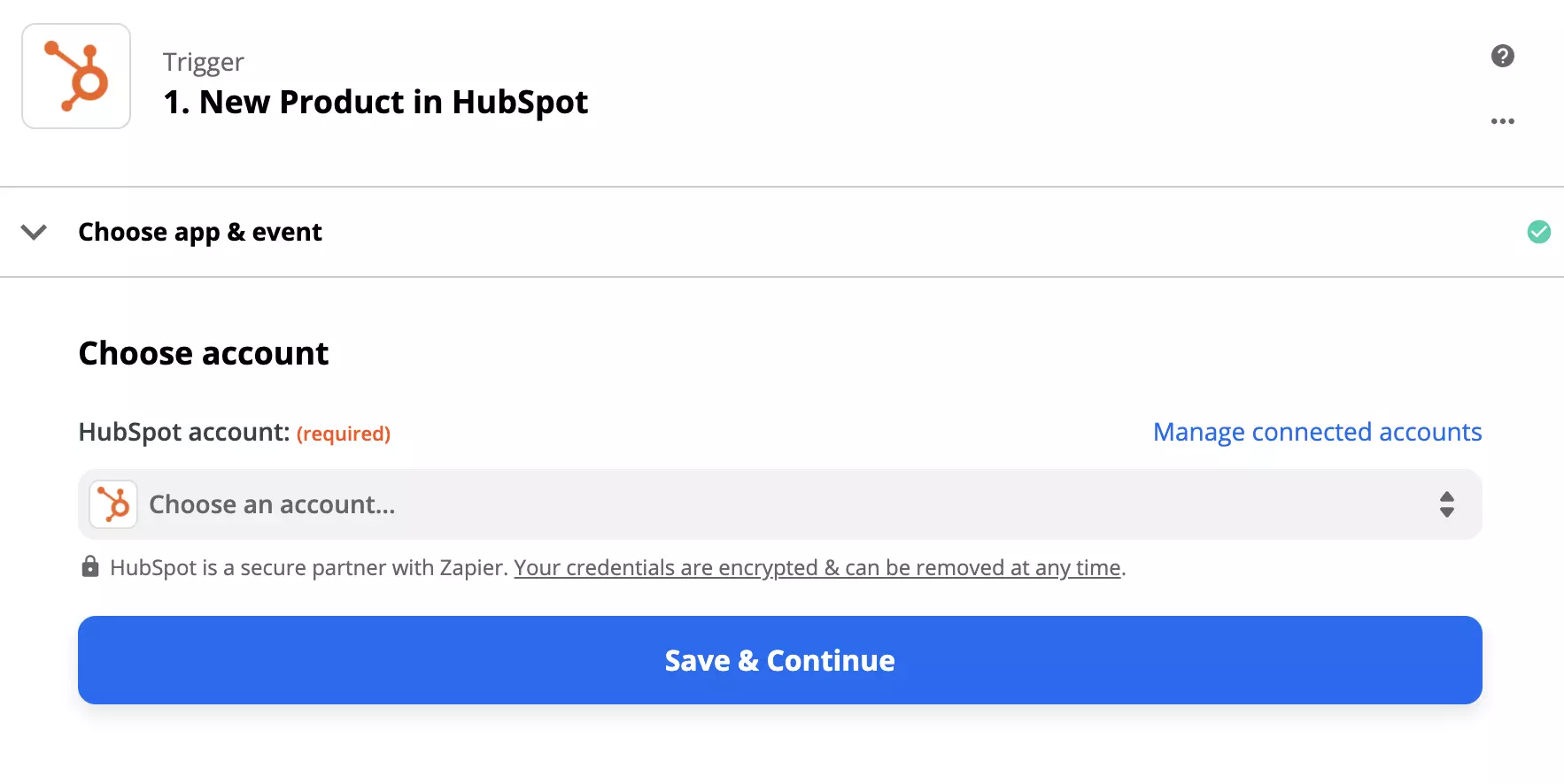 HubSpot-utløserkonfigurasjonsalternativer i Zapier
