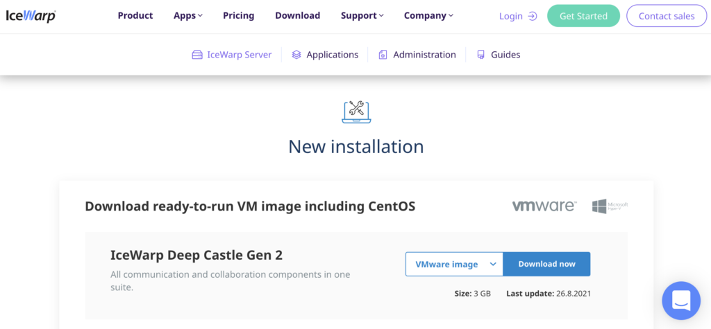 IceWarp-nettsted med installasjonsavsnitt og nedlastingslenker