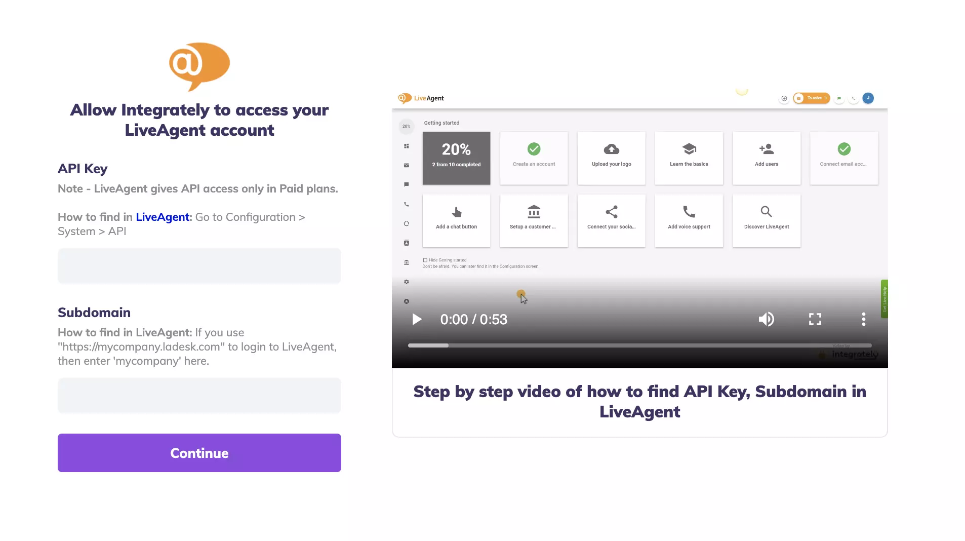 API-nøkkel og underdomene-felter i Integrately-integrasjonstest