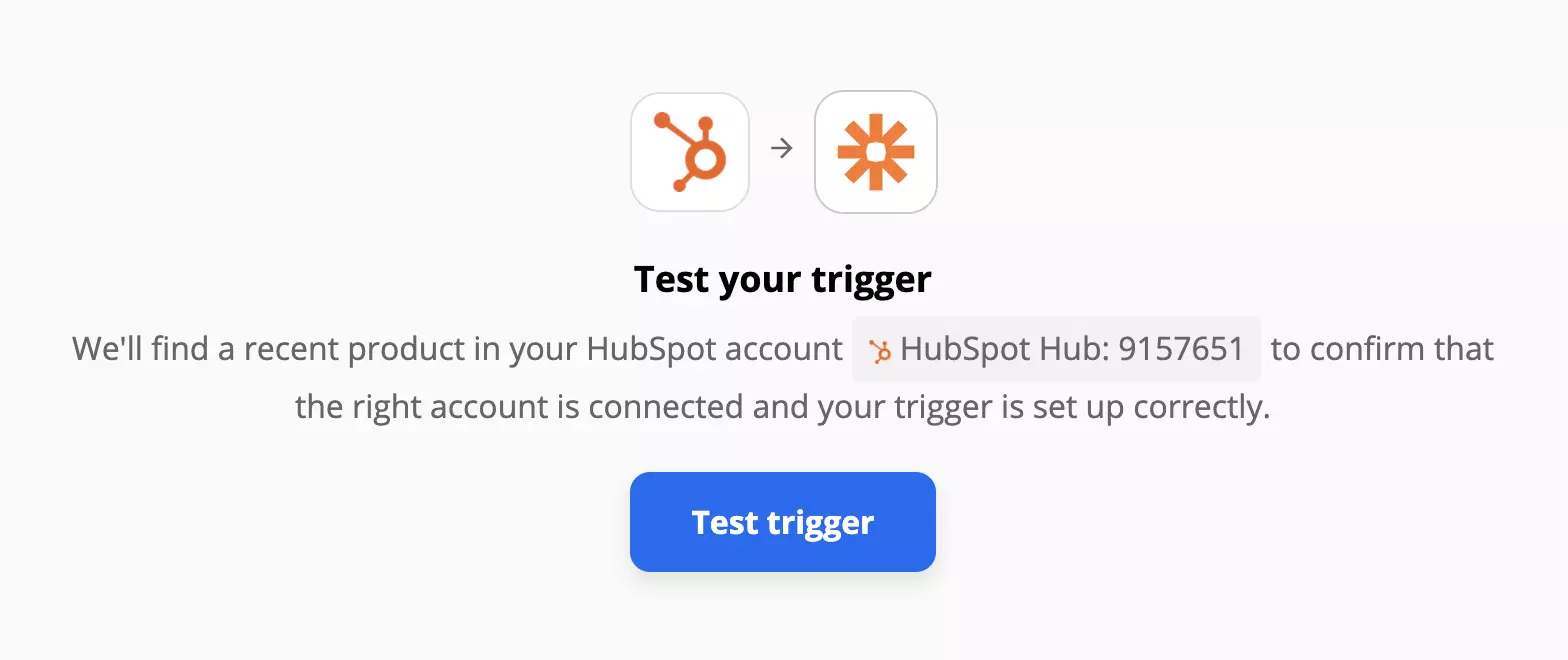 En HubSpot-utløsertest på Zapier
