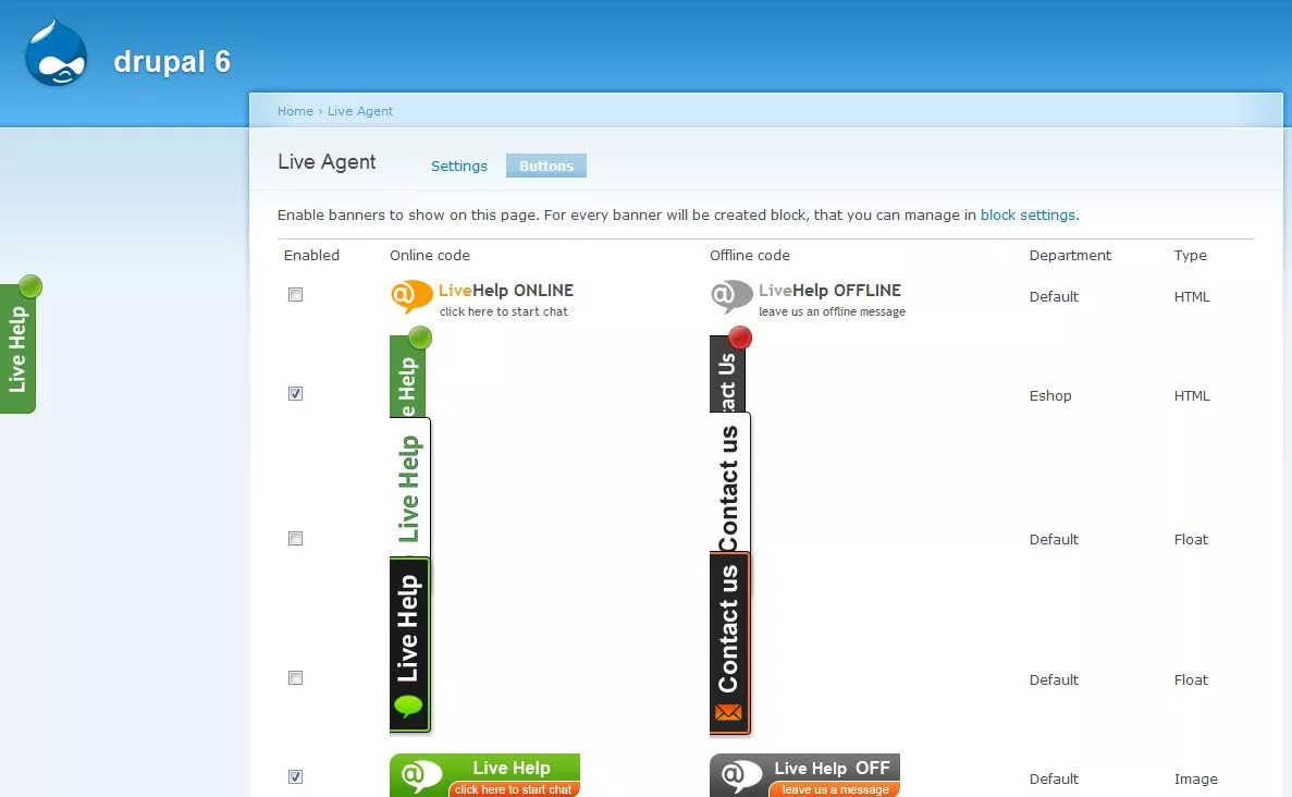 LiveAgent live chat-knappemaler vist i Drupal