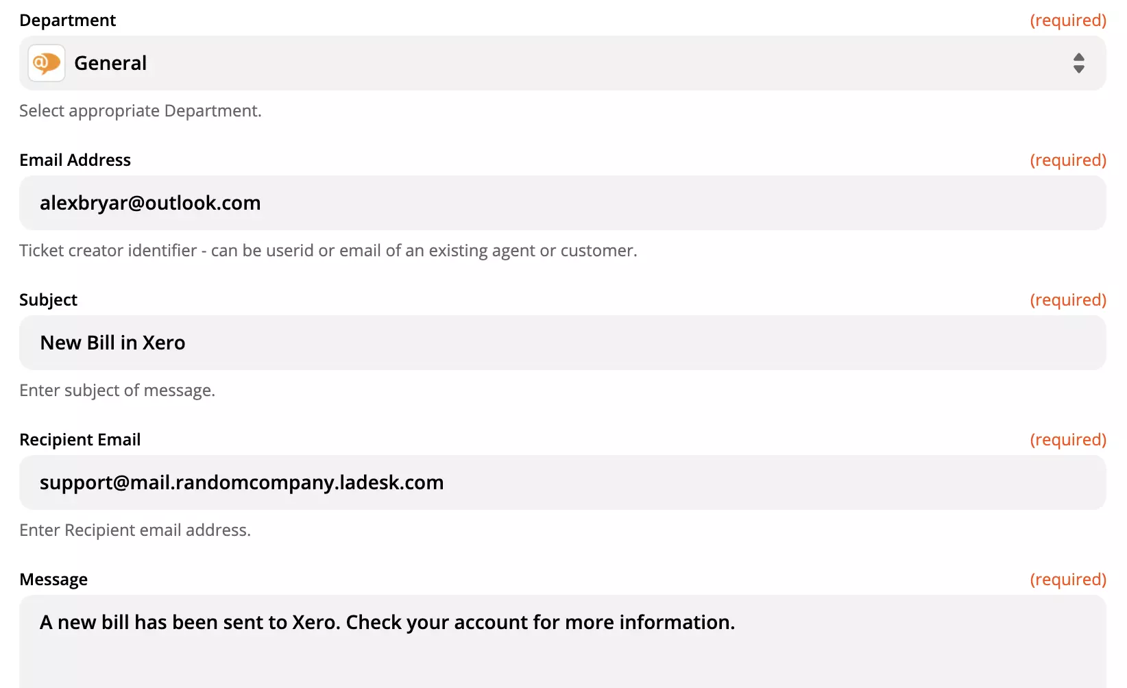 LiveAgent-handlingskonfigurasjonsalternativer på Zapier-siden