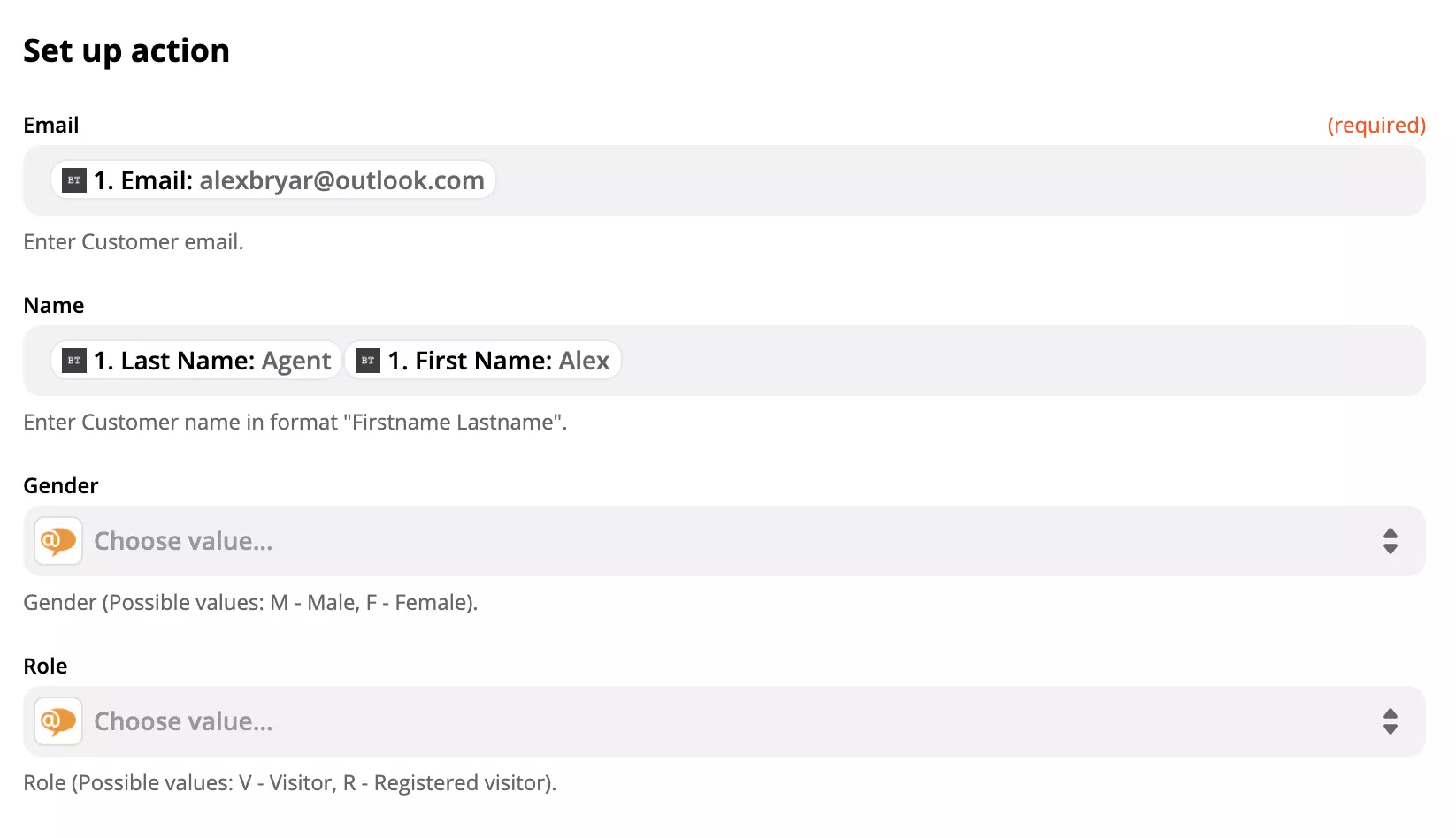 LiveAgent-handlingskonfigurasjon med data i felt på Zapier