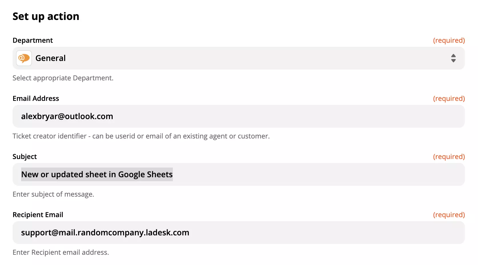 LiveAgent-handlingsoppsett i Google Sheets-integrasjon