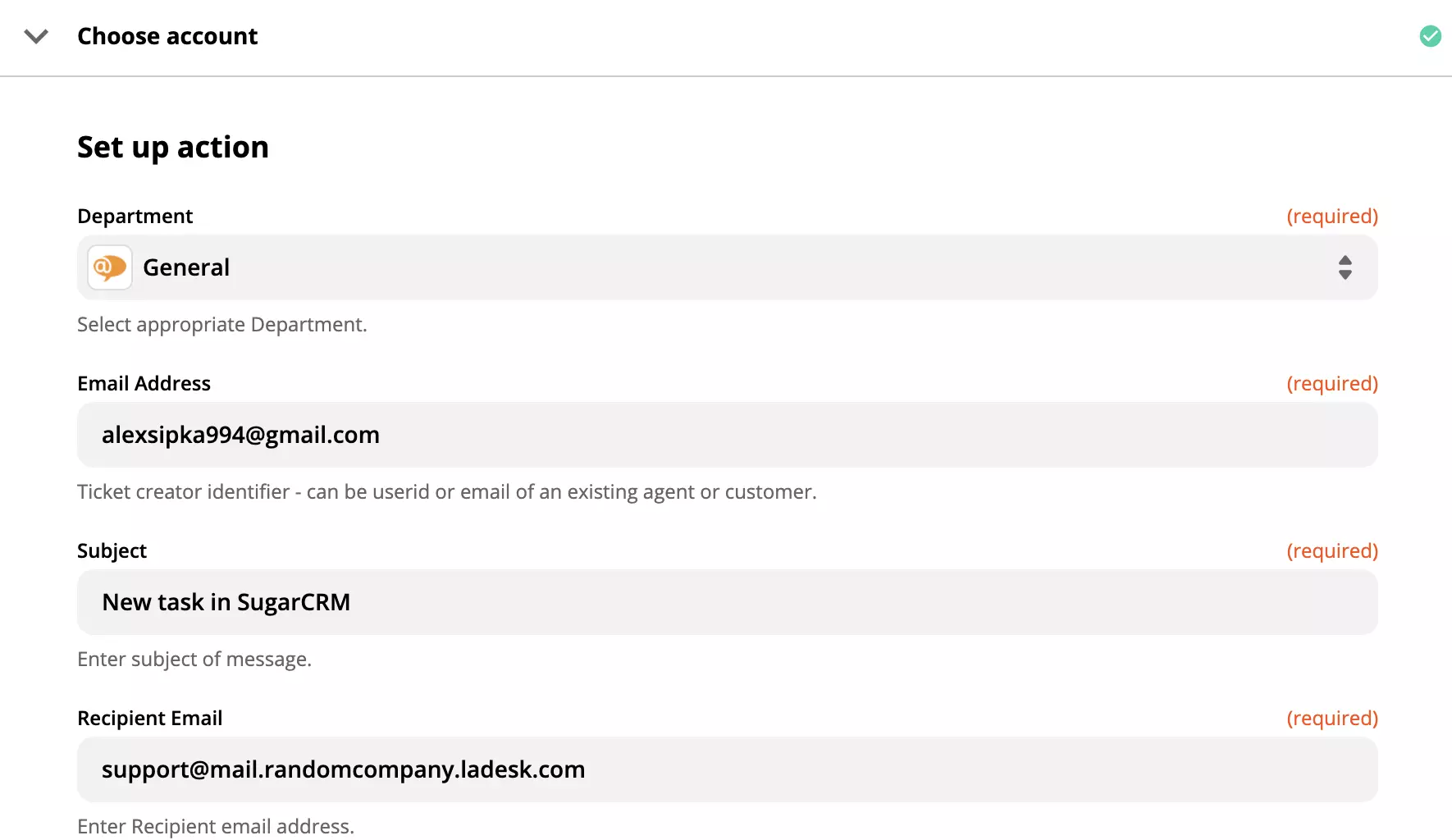 LiveAgent action setup on Zapier