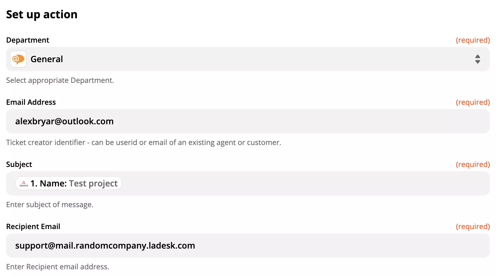 LiveAgent-handlingsoppsettet i Asana-integrasjonen på Zapier