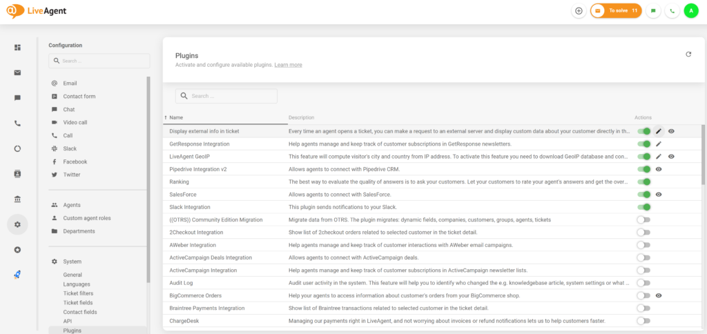 Aktiv ekstern informasjon-plugin i LiveAgent-konfigurasjonen